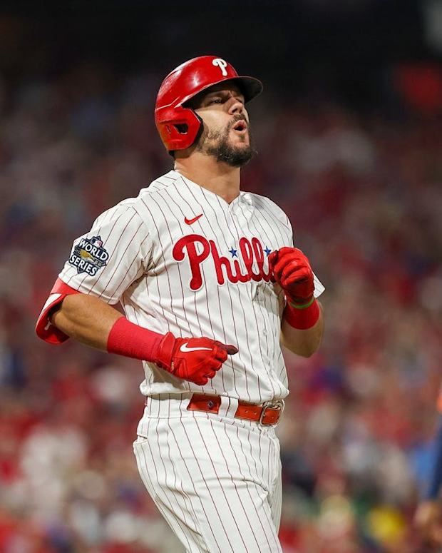 Nov 2, 2022; Philadelphia, Pennsylvania, USA; Philadelphia Phillies left fielder Kyle Schwarber (12) reacts after hitting a foul ball against the Houston Astros during the third inning in game four of the 2022 World Series at Citizens Bank Park. Mandatory Credit: Bill Streicher-USA TODAY Sports
